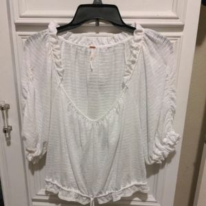 NWT Free People Short Sleeve White Ruffle Scoop Neck Shirt L